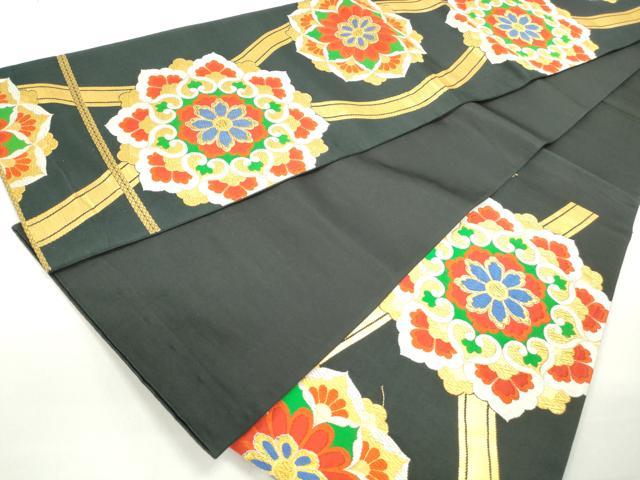 平和屋着物◎六通柄袋帯 唐織 立涌正倉院花文 黒地 金糸 正絹 逸品 DABC0550qa