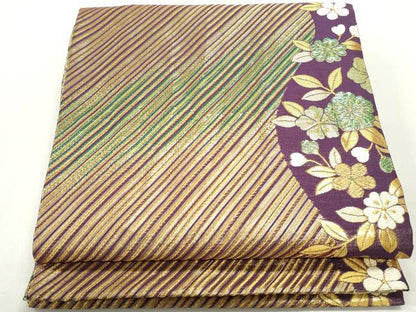 平和屋着物◎両面 六通柄袋帯 斜縞花文 金糸 正絹 逸品 DABC0552qa