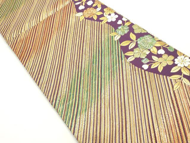 平和屋着物◎両面 六通柄袋帯 斜縞花文 金糸 正絹 逸品 DABC0552qa