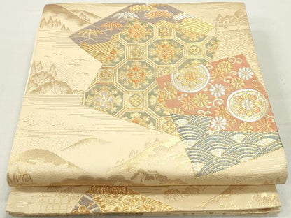 平和屋着物◎六通柄袋帯 重ね色紙蜀江花文 金銀糸 正絹 逸品 DABC0577qa