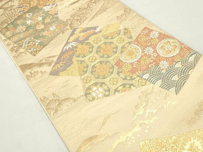 平和屋着物◎六通柄袋帯 重ね色紙蜀江花文 金銀糸 正絹 逸品 DABC0577qa