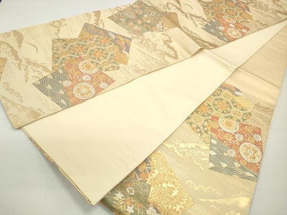 平和屋着物◎六通柄袋帯 重ね色紙蜀江花文 金銀糸 正絹 逸品 DABC0577qa