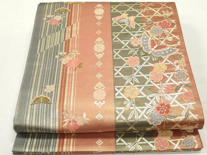 平和屋着物◎全通柄袋帯 唐織 花蝶間道 金糸 正絹 逸品 DABC0582qa