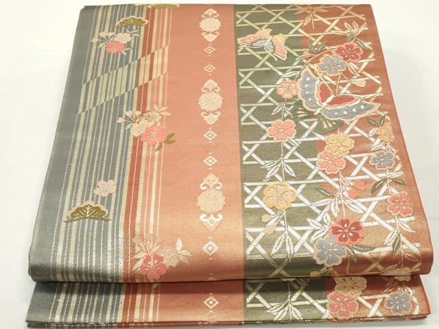 平和屋着物◎全通柄袋帯 唐織 花蝶間道 金糸 正絹 逸品 DABC0582qa