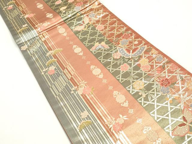 平和屋着物◎全通柄袋帯 唐織 花蝶間道 金糸 正絹 逸品 DABC0582qa
