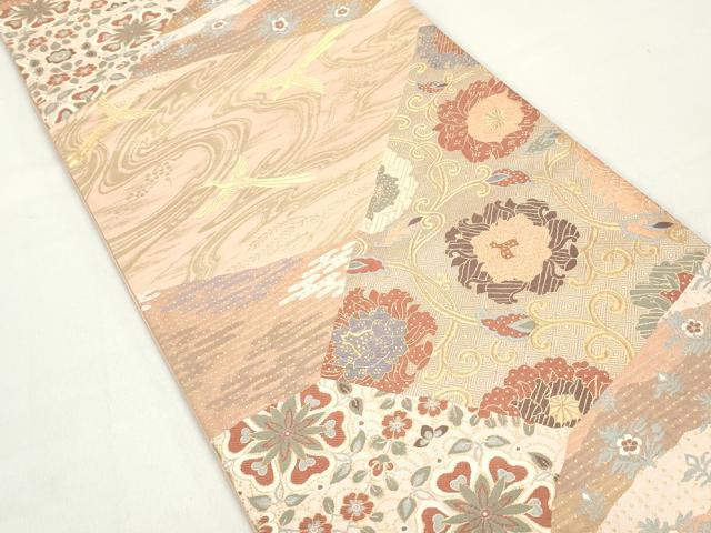 平和屋着物◎六通柄袋帯 裂取慶花文錦 金糸 正絹 逸品 DABC0583qa