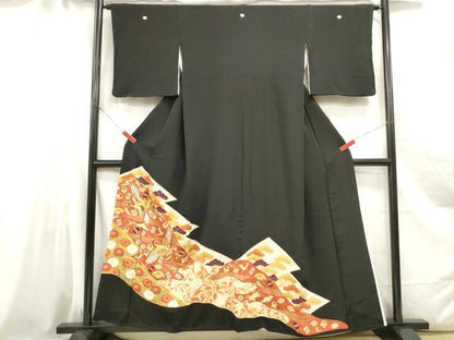 平和屋着物■豪華黒留袖 駒刺繍 飛鶴更紗花文 金彩 正絹 逸品 DABC0649qa