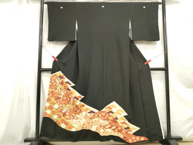 平和屋着物■豪華黒留袖 駒刺繍 飛鶴更紗花文 金彩 正絹 逸品 DABC0649qa