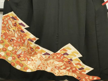 平和屋着物■豪華黒留袖 駒刺繍 飛鶴更紗花文 金彩 正絹 逸品 DABC0649qa