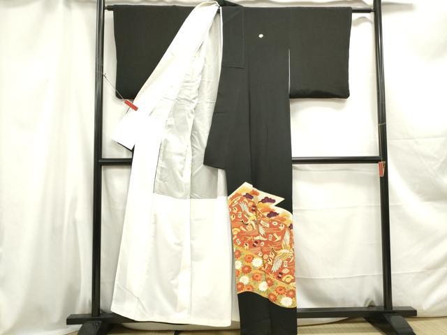 平和屋着物■豪華黒留袖 駒刺繍 飛鶴更紗花文 金彩 正絹 逸品 DABC0649qa