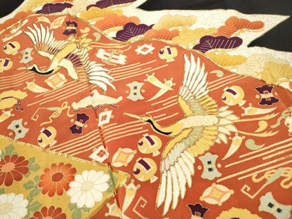 平和屋着物■豪華黒留袖 駒刺繍 飛鶴更紗花文 金彩 正絹 逸品 DABC0649qa