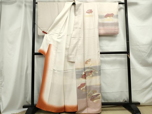 平和屋着物■訪問着 駒刺繍 扇面御所車花文 暈し染め 金銀彩 正絹 逸品 DABC0666qa