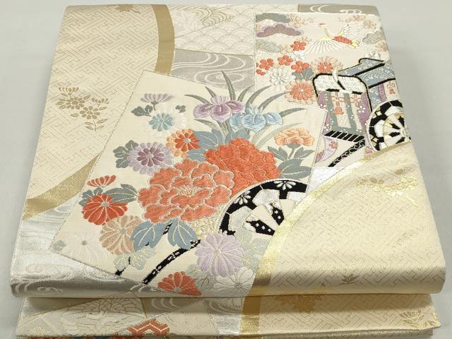 平和屋着物◎六通柄袋帯　唐織　地紙御所車花文　鶴　金銀糸　正絹　逸品　DABC0747qa