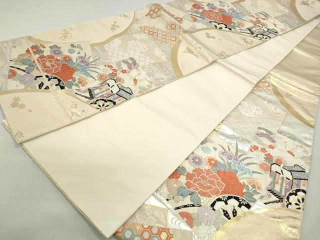 平和屋着物◎六通柄袋帯　唐織　地紙御所車花文　鶴　金銀糸　正絹　逸品　DABC0747qa