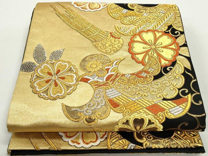 平和屋着物◎六通柄袋帯　唐織　唐草花文　黒地　金銀糸　正絹　逸品　DABC0749qa