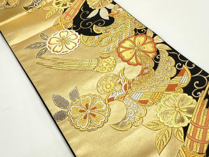 平和屋着物◎六通柄袋帯　唐織　唐草花文　黒地　金銀糸　正絹　逸品　DABC0749qa