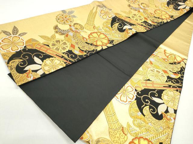 平和屋着物◎六通柄袋帯　唐織　唐草花文　黒地　金銀糸　正絹　逸品　DABC0749qa