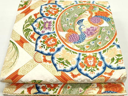平和屋着物◎六通柄袋帯　唐織　天井鳳凰花丸文　金糸　正絹　逸品　DABC0755qa