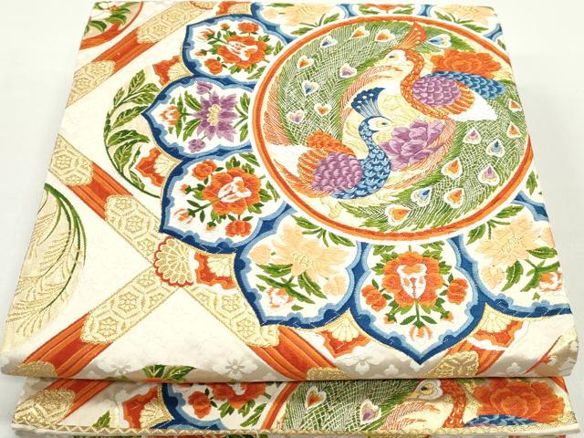 平和屋着物◎六通柄袋帯　唐織　天井鳳凰花丸文　金糸　正絹　逸品　DABC0755qa