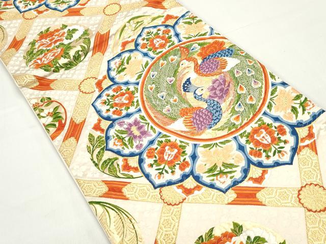 平和屋着物◎六通柄袋帯　唐織　天井鳳凰花丸文　金糸　正絹　逸品　DABC0755qa