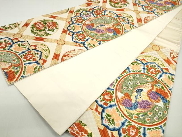 平和屋着物◎六通柄袋帯　唐織　天井鳳凰花丸文　金糸　正絹　逸品　DABC0755qa