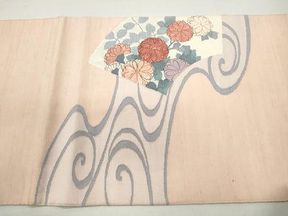 平和屋着物◎太鼓柄袋帯　紬地　地紙流水花文　金糸　正絹　逸品　DABC0761qa