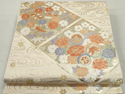 平和屋着物◎六通柄袋帯　唐織　流水花丸文　金糸　正絹　逸品　DABC0762qa