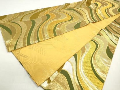 平和屋着物◎両面　全通柄袋帯　立波文　金糸　正絹　逸品　DABC0775qa