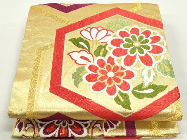平和屋着物◎六通柄袋帯　唐織　亀甲花文　金糸　正絹　逸品　DABC0796qa