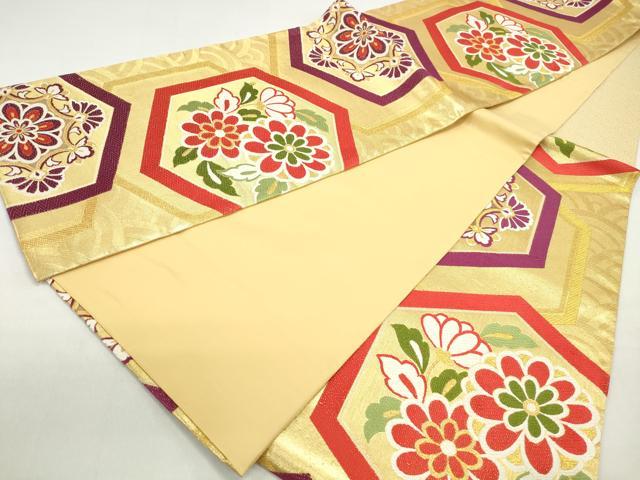 平和屋着物◎六通柄袋帯　唐織　亀甲花文　金糸　正絹　逸品　DABC0796qa