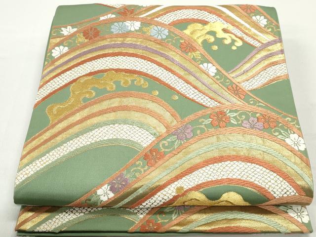 平和屋着物◎六通柄袋帯　唐織　立波花文　金糸　正絹　逸品　DABC0812qa