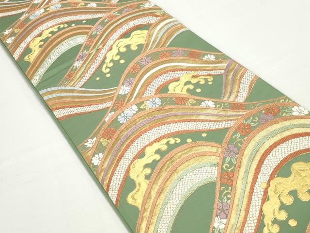 平和屋着物◎六通柄袋帯　唐織　立波花文　金糸　正絹　逸品　DABC0812qa