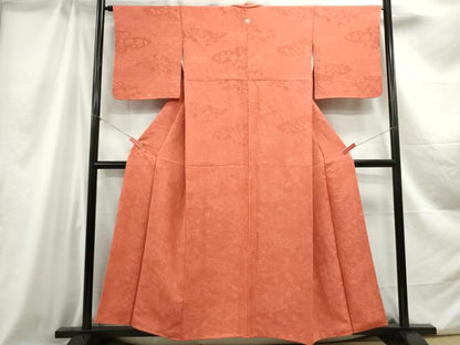 平和屋着物■上質な色無地 雲取り花地紋 鉛丹色 正絹 逸品 DABC0835qa