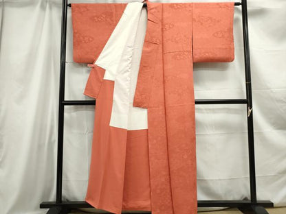 平和屋着物■上質な色無地 雲取り花地紋 鉛丹色 正絹 逸品 DABC0835qa