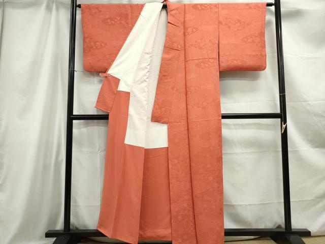 平和屋着物■上質な色無地 雲取り花地紋 鉛丹色 正絹 逸品 DABC0835qa