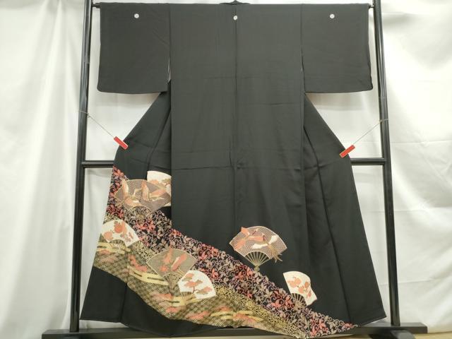 平和屋着物■豪華黒留袖 駒刺繍 扇面花鳥松文 金彩 正絹 逸品 DABC0841qa