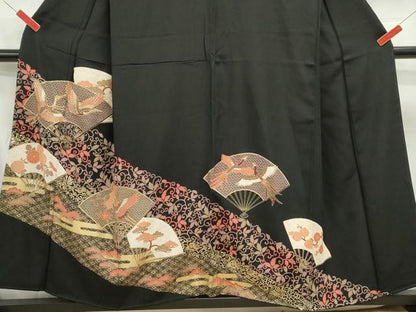 平和屋着物■豪華黒留袖 駒刺繍 扇面花鳥松文 金彩 正絹 逸品 DABC0841qa