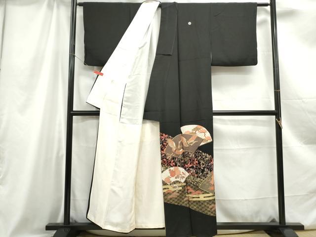 平和屋着物■豪華黒留袖 駒刺繍 扇面花鳥松文 金彩 正絹 逸品 DABC0841qa