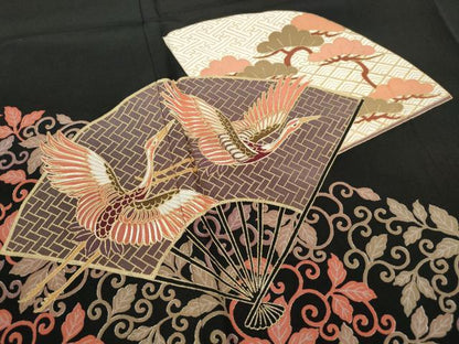 平和屋着物■豪華黒留袖 駒刺繍 扇面花鳥松文 金彩 正絹 逸品 DABC0841qa