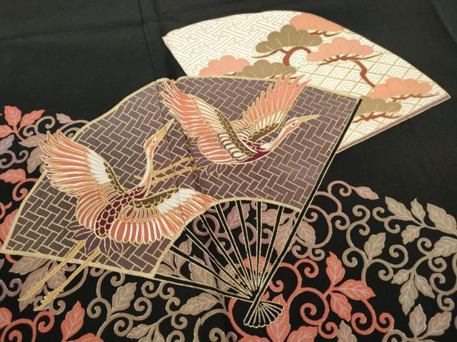 平和屋着物■豪華黒留袖 駒刺繍 扇面花鳥松文 金彩 正絹 逸品 DABC0841qa