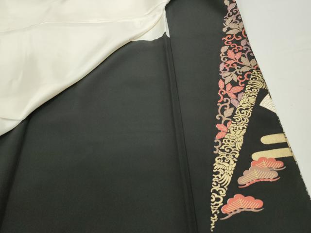 平和屋着物■豪華黒留袖 駒刺繍 扇面花鳥松文 金彩 正絹 逸品 DABC0841qa