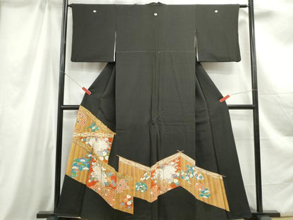 平和屋着物■豪華黒留袖　駒刺繍　屏風花文　金彩　正絹　逸品　DABC0843qa