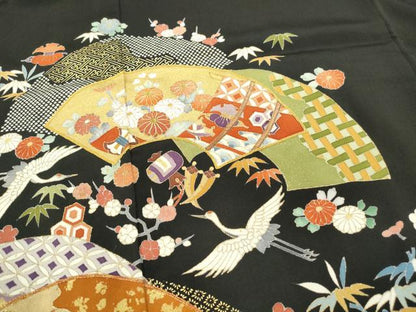 平和屋着物■豪華黒留袖　駒刺繍　地紙宝尽くし飛鶴花文　松竹梅　金彩　正絹　逸品　DABC0858qa
