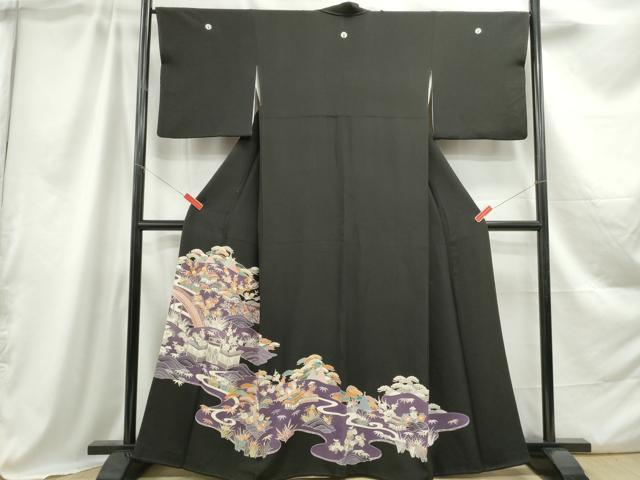平和屋着物■豪華黒留袖　駒刺繍　渡橋風景花文　松竹梅　金銀彩　正絹　逸品　DABC0866qa