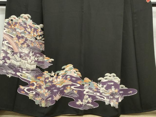 平和屋着物■豪華黒留袖　駒刺繍　渡橋風景花文　松竹梅　金銀彩　正絹　逸品　DABC0866qa