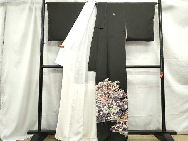 平和屋着物■豪華黒留袖　駒刺繍　渡橋風景花文　松竹梅　金銀彩　正絹　逸品　DABC0866qa