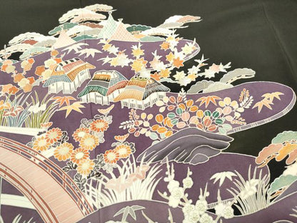 平和屋着物■豪華黒留袖　駒刺繍　渡橋風景花文　松竹梅　金銀彩　正絹　逸品　DABC0866qa