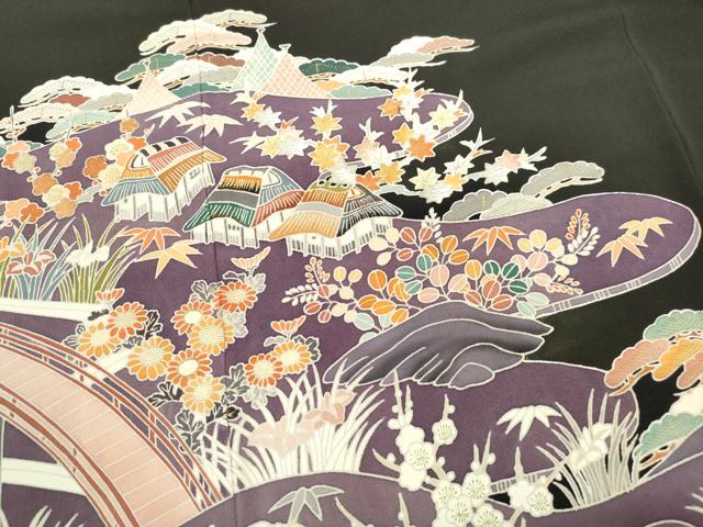 平和屋着物■豪華黒留袖　駒刺繍　渡橋風景花文　松竹梅　金銀彩　正絹　逸品　DABC0866qa