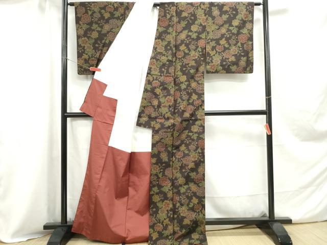 平和屋着物■上質な紬　草花文　正絹　逸品　DABC0909qa