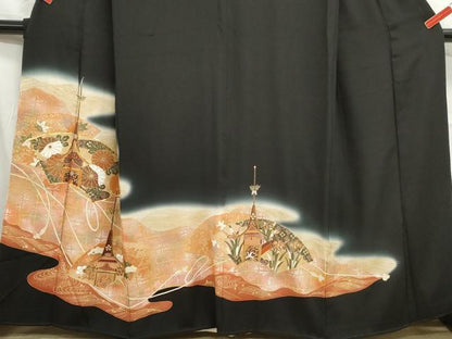 平和屋着物■豪華黒留袖 駒刺繍 地紙舞花文 暈し染め 金銀彩 正絹 逸品 DABC0990qa